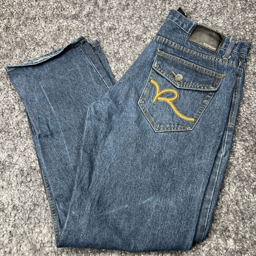 Rocawear Men’s 34x32 Hip Hop Denim Jeans Blue Pocket Flap Y2K
